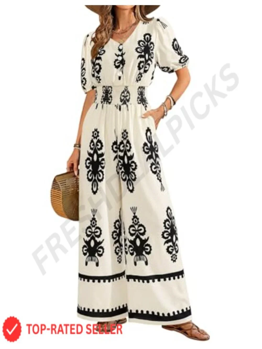Women's V-Neck Wide Leg Jumpsuit with Pockets, Smocked Waist